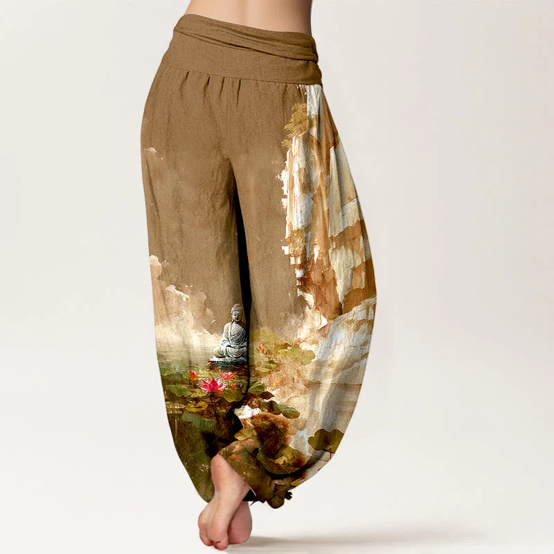 Buddha Stones Cotton Lotus Flower Leaf Rocks Water Surface Cloud Buddha Pattern Women's Elastic Waist Harem Pants