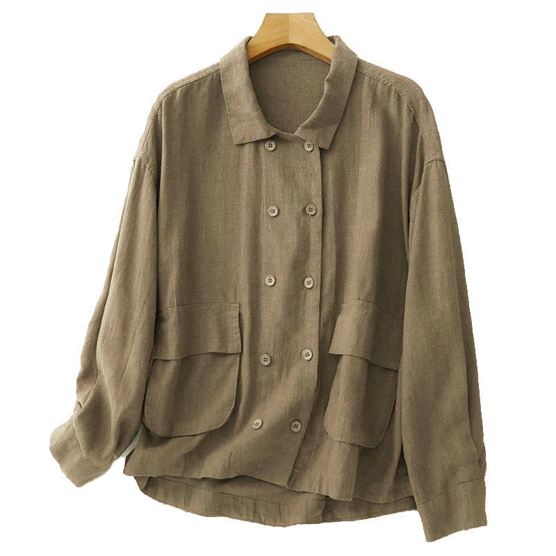 Buddha Stones Double‑Breasted Design Long Sleeve Women's Cotton Jacket With Pockets