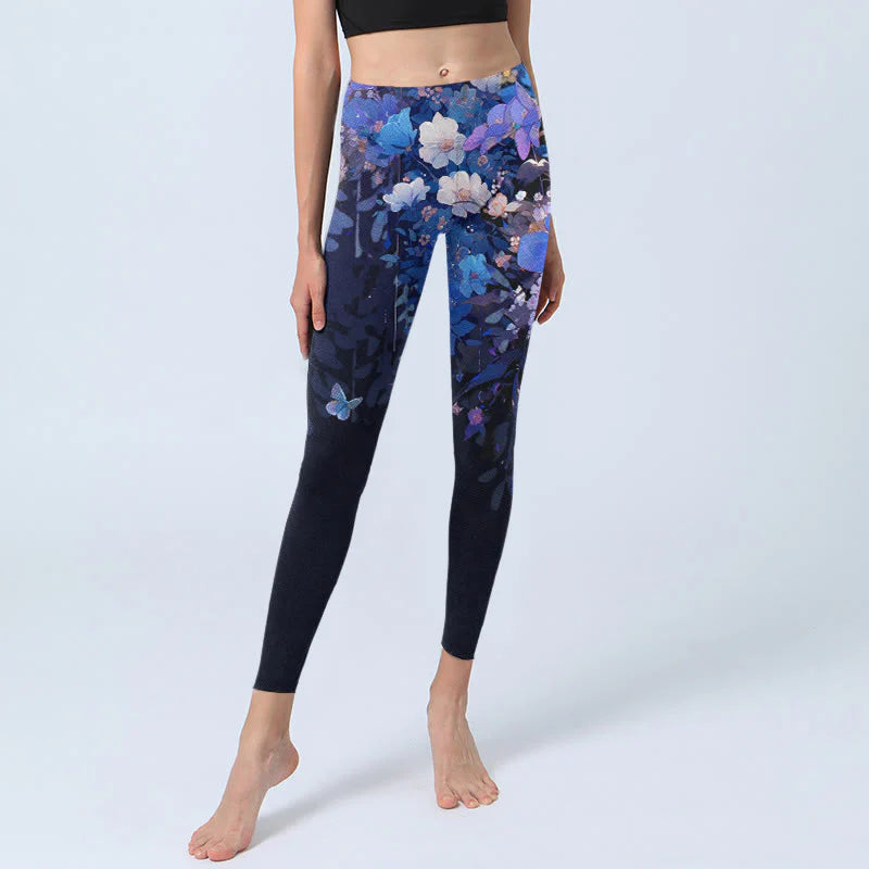 Buddha Stones Purple Flower Butterfly Pattern Print Gym Leggings Women's Yoga Pants