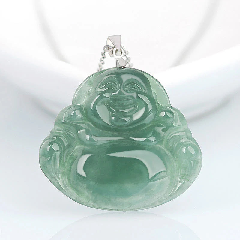 Buddha Stones Laughing Buddha Jade Protection Calm Titanium Steel Chain Necklace Pendant