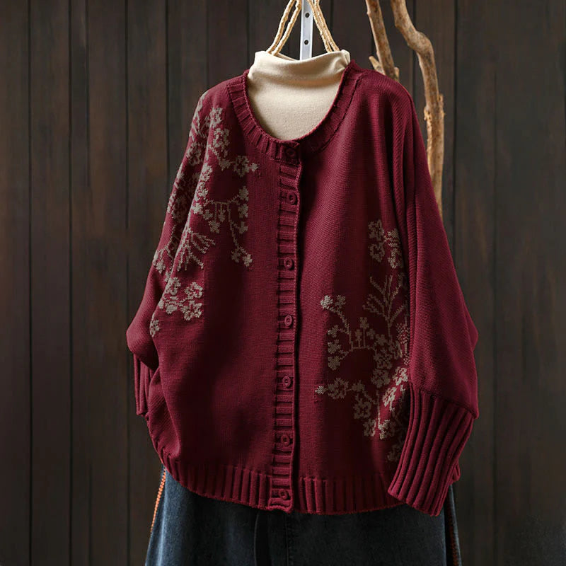 Buddha Stones Floral Buttons Cotton Women's Long Batwing Sleeve Knitted Cardigan
