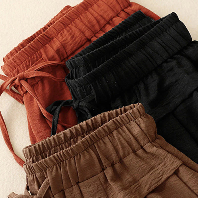 Buddha Stones Causal Ethnic Simple Drawstring Design Women's Wide Leg Cropped Pants With Pockets