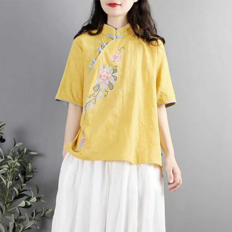 Buddha Stones Summer Flower Embroidery Half Sleeve Frog-Button Mandarin Collar Cotton Linen Women's Shirt