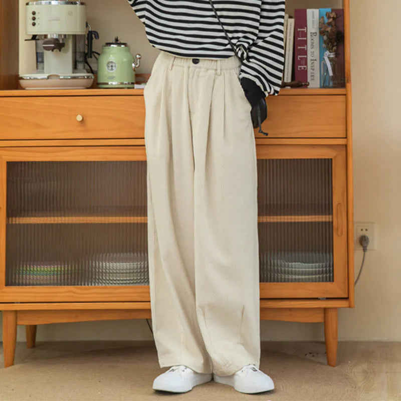 Buddha Stones Women's High Waist Zipper Design Wide Leg Cotton Corduroy Pants With Pockets