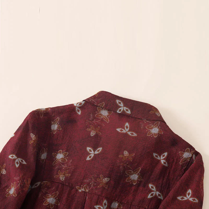 Buddha Stones Summer Printing Floral Button Lace-Up Design Half Sleeve Midi Dress With Pockets