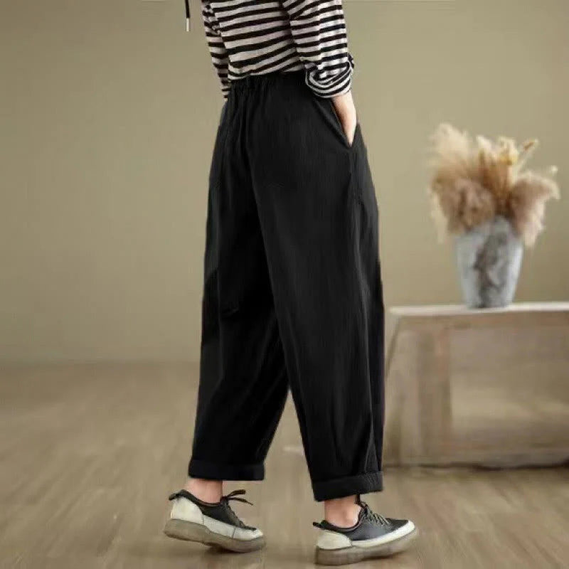 Buddha Stones Casual Solid Color One Top Button Elastic Waistband Women's Pants With Pockets