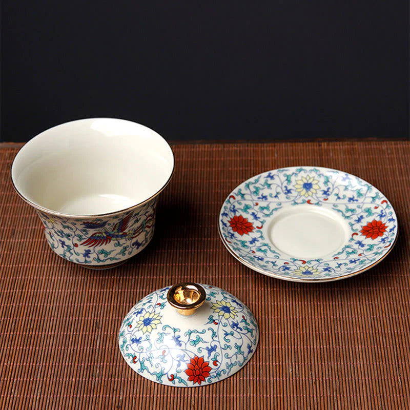 Buddha Stones Retro Plum Blossom Pine Bamboo Phoenix Kirin Ceramic Gaiwan Sancai Teacup Kung Fu Tea Cup and Saucer with Lid