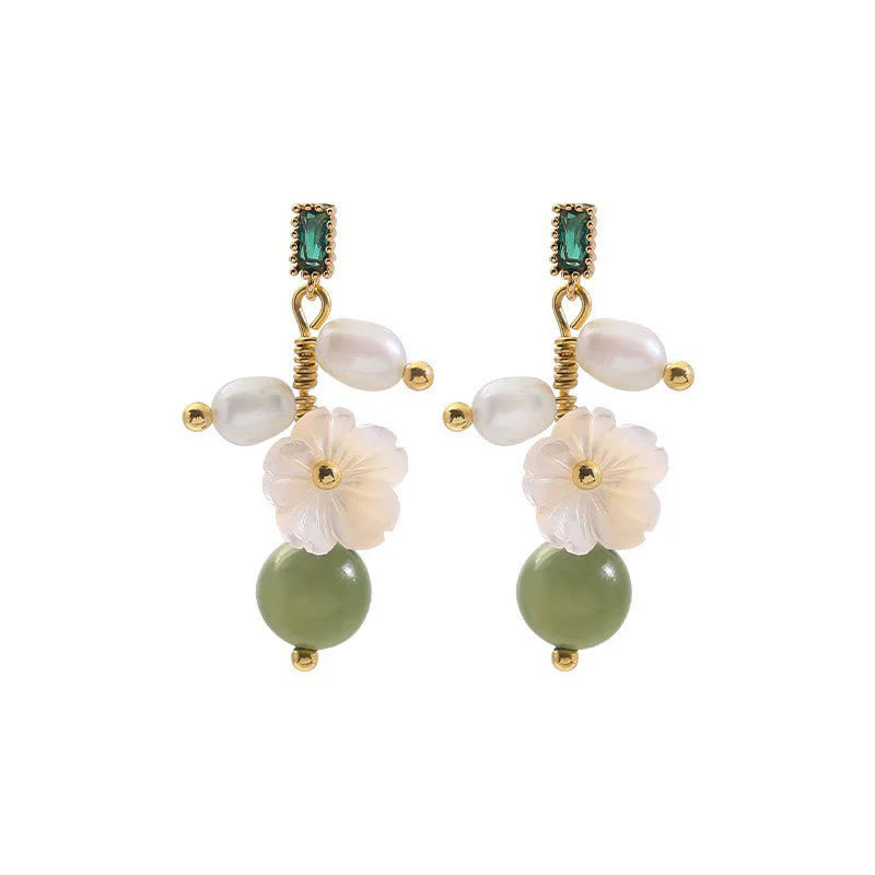 Buddha Stones Hetian Jade Pearl Bead Flower Prosperity Abundance Earrings