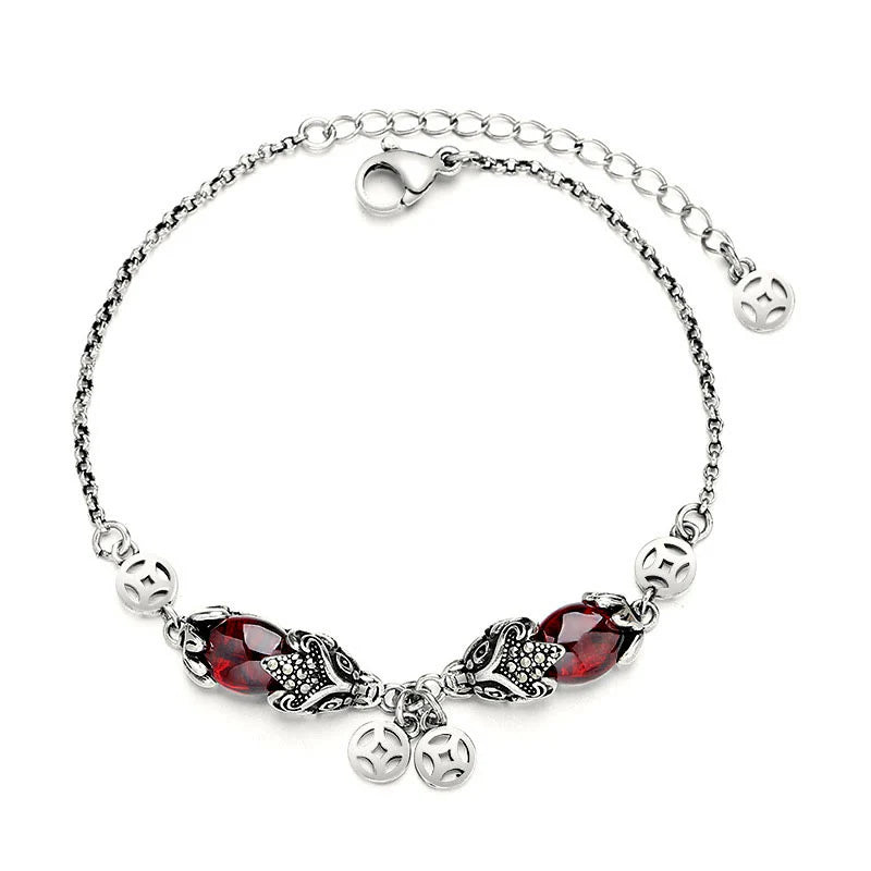 Buddha Stones Garnet Double PiXiu Copper Coin Protection Chain Bracelet (Extra 40% Off | USE CODE: FS40)