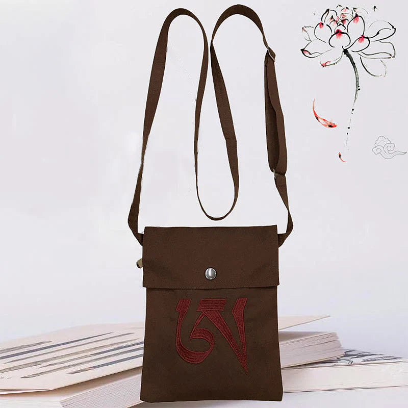 Buddha Stones Handmade OM Mantra Embroidered Spiritual Mind Practice Cotton Crossbody Bag Shoulder Bag Cellphone Bag