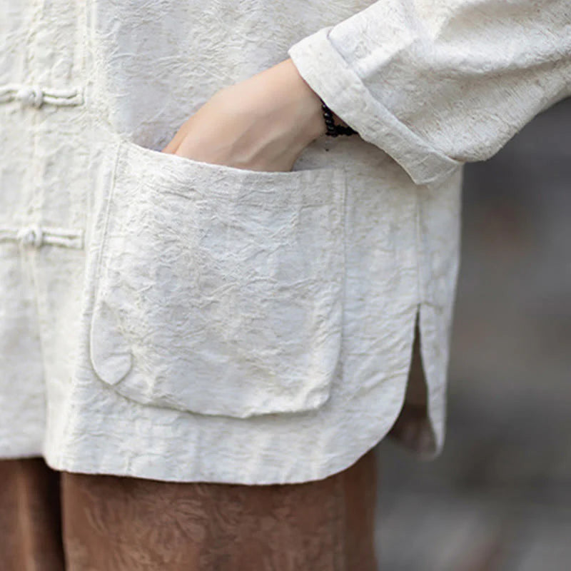 Buddha Stones Fall Jacquard Women's Frog-Button Long Sleeve Shirt Pants Cotton Linen Clothing