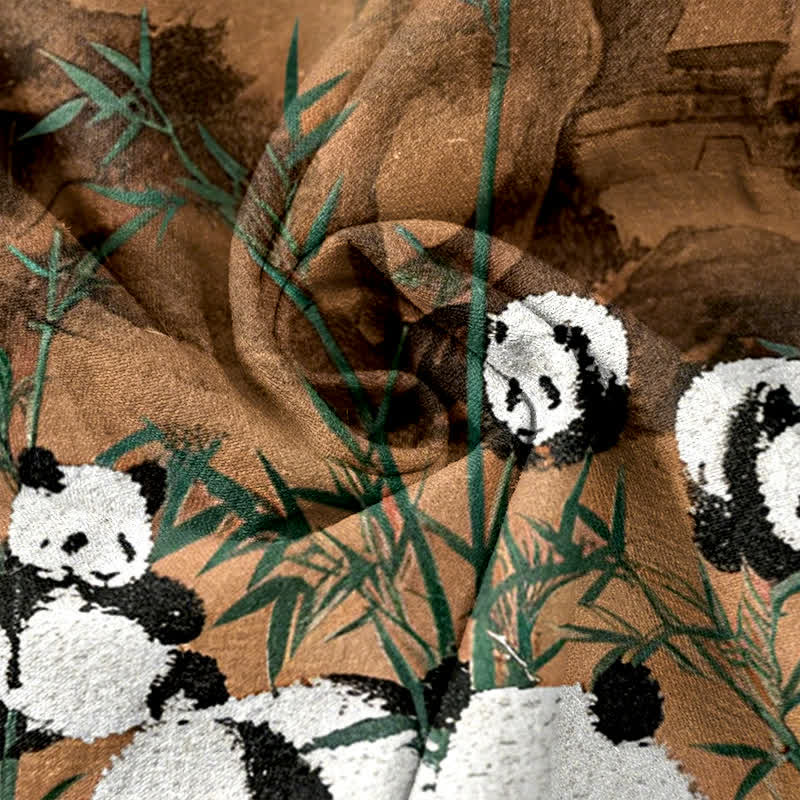 Buddha Stones Cotton Pandas Bamboo Print Elastic Waist Women's Pants With Pockets