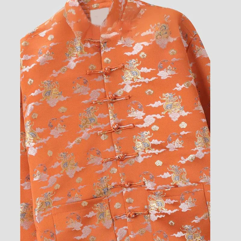 Buddha Stones Orange Kirin Auspicious Clouds Frog-Button Long Sleeve Men's Jacket With Pockets