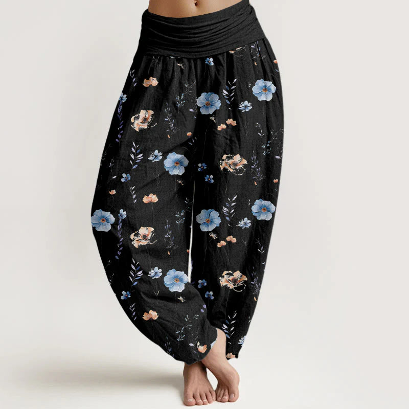 Buddha Stones Cotton Fresh Refined Flower Pattern Women's Elastic Waist Harem Pants