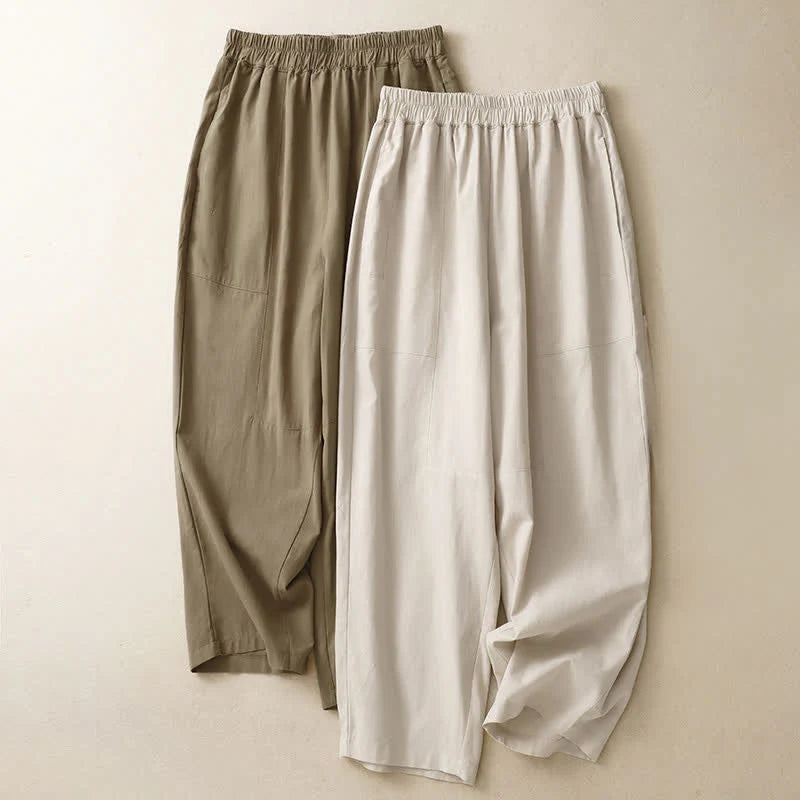 Buddha Stones Spring Solid Color Elastic Waist Cotton Women's Straight Leg Pants With Pockets