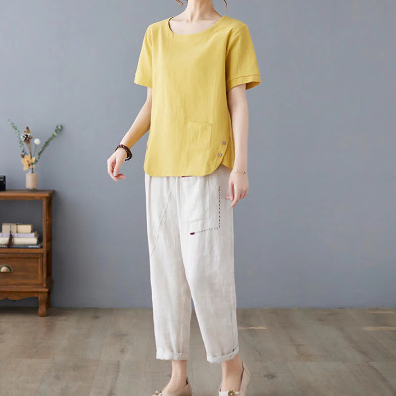 Buddha Stones Side Slit Design Women's Cotton Linen Crew Neck Short Sleeve T-Shirt Wtih Pocket