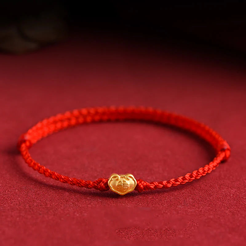 Buddha Stones 999 Gold Chinese Lock Charm Fu Character Protection Handmade Rope Bracelet (Extra 30% Off | USE CODE: FS30)