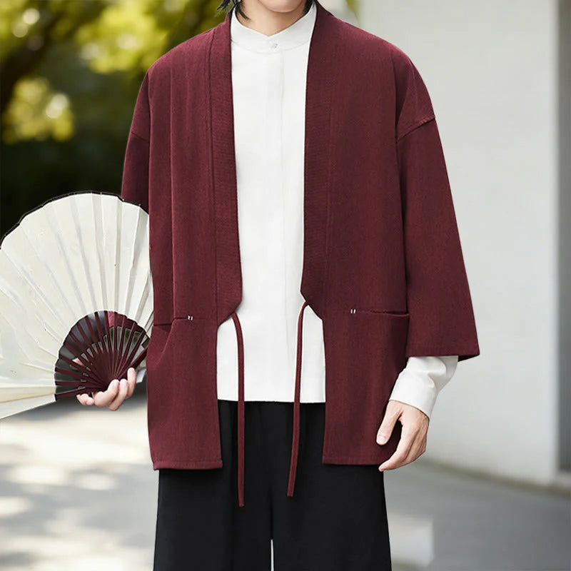 Buddha Stones Solid Color Open Front Long Sleeve Corduroy Jacket Men's Kimono Cotton Linen Shirt