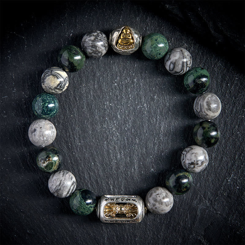 Buddha Stones Natural Grey Jasper Kambamba Jasper Om Mani Padme Hum Formless Buddha Healing Bracelet