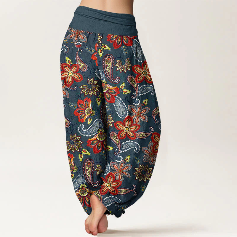 Buddha Stones Women's Elastic Waist Paisley Floral Pattern Pure Cotton Harem Pants