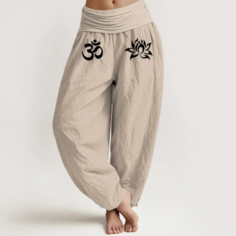 Buddha Stones Solid Color Pure Cotton Lotus Om Symbol Pattern Women's Elastic Waist Harem Pants