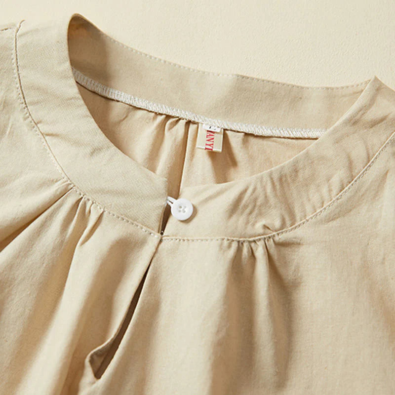 Buddha Stones Casual Plain Button Women's Short Sleeve Cotton Linen T-shirt