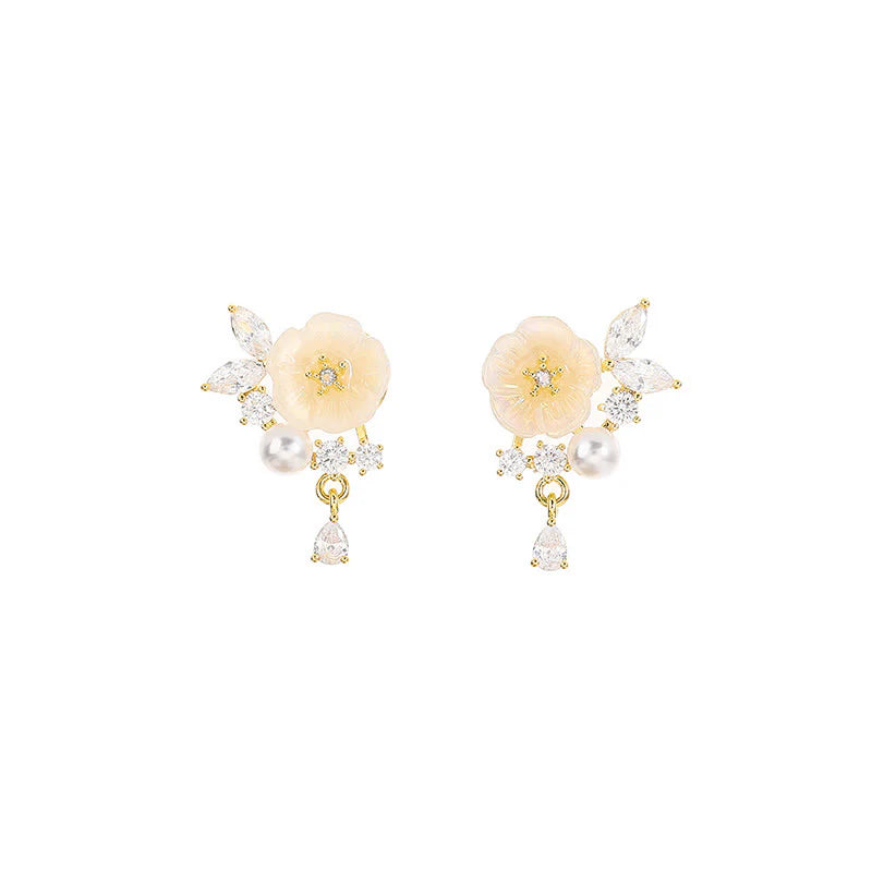 Buddha Stones White Rose Flower Zircon Copper Luck Clip-on Stud Earrings