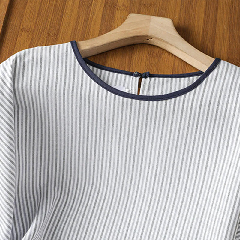 Buddha Stones Pullover Stripes Crew Neck Design Women's Cotton Short Sleeves Shirt