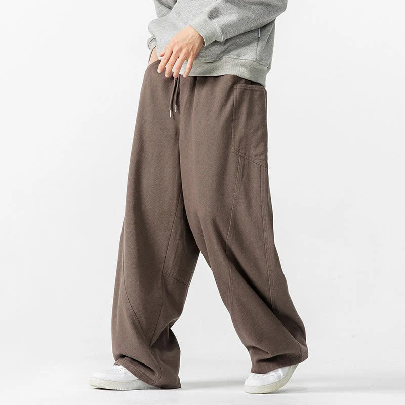 Buddha Stones Fall Pure Color Men's Wide Leg Cotton Drawstring Pants With Pockets