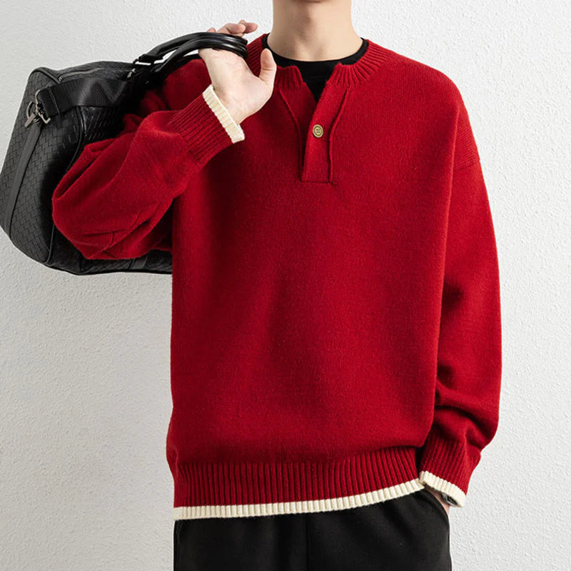 Buddha Stones Winter V-Neck One Button Design Warm Men's Long Sleeve Knitted Sweater