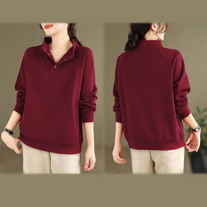 Buddha Stones Fall Solid Stand Collar Buttons Design Long Sleeve Women's Cotton Sweatshirt