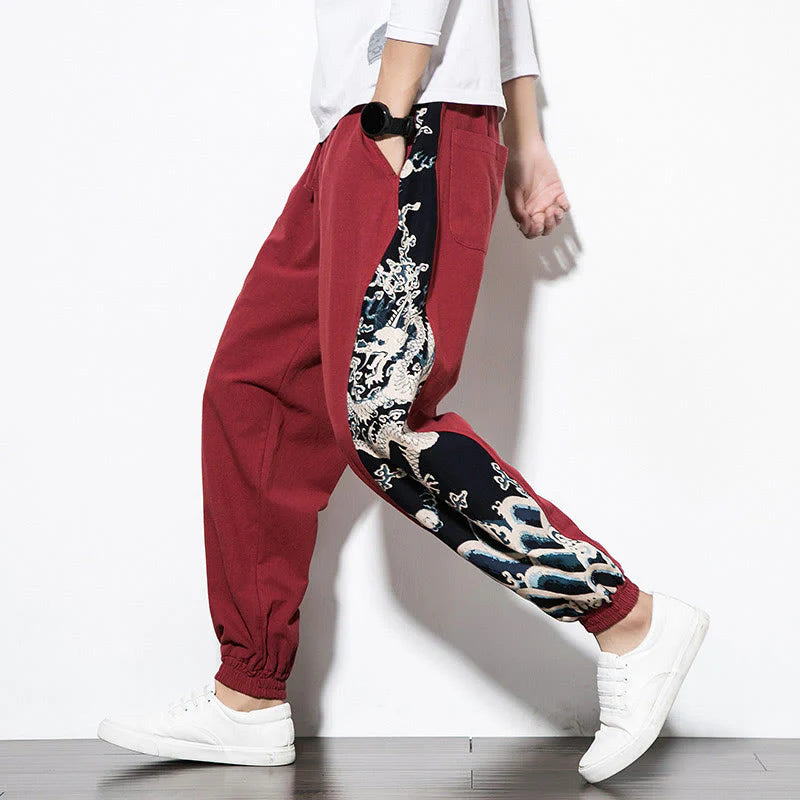 Buddha Stones Summer Dragon Waves Cotton Men's Pants With Pockets