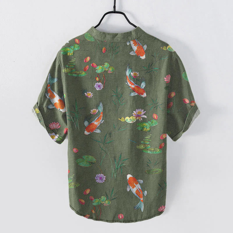 Buddha Stones Cotton Koi Fish Lotus Pattern Men's Short Sleeve Half Button Shirt