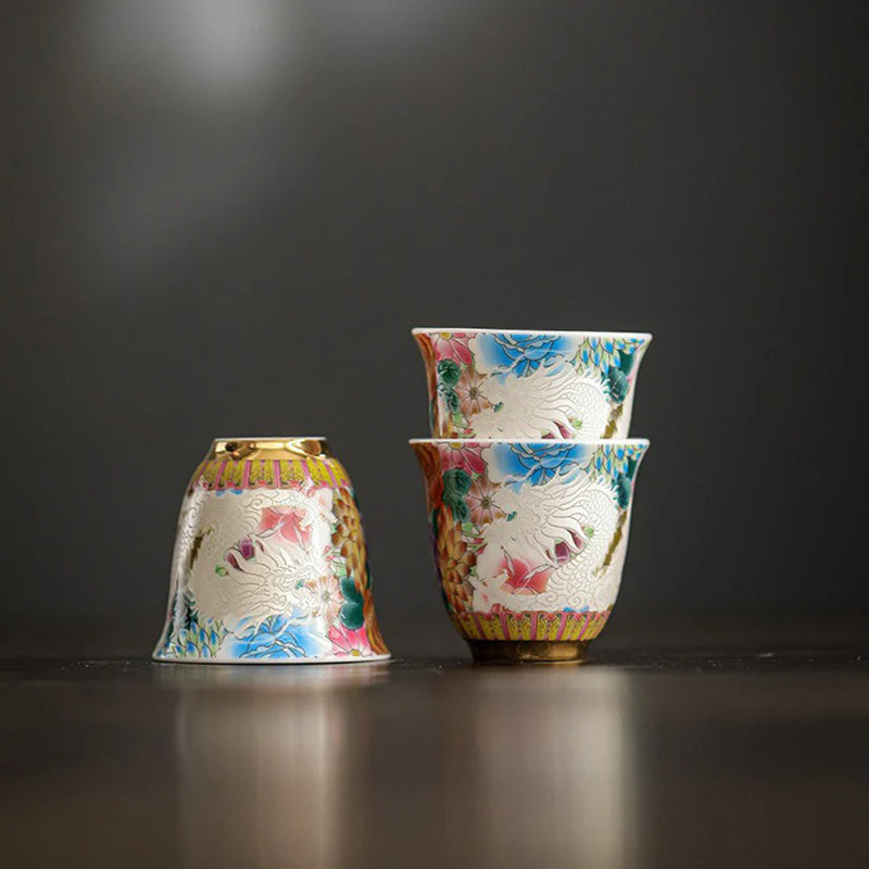 Buddha Stones Dragon Phoenix Flowers Ceramic Teacup Kung Fu Tea Cup 50ml