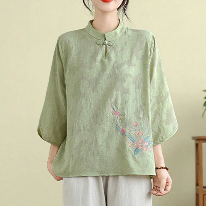 Buddha Stones Flower Embroidery Three Quarter Sleeve One Frog-Button Mandarin Collar Cotton Women's Shirt
