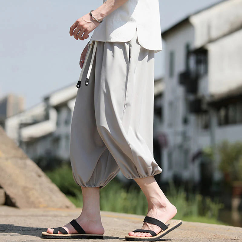 Buddha Stones Solid Drawstring Men's Capri Cropped Harem Pants With Pockets