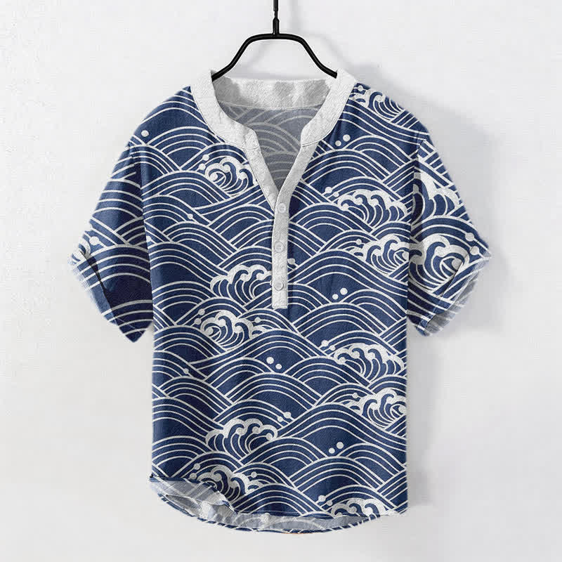 Buddha Stones Cotton Wave Emblem Men's Short Sleeve Half Button Shirt