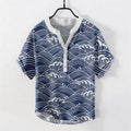 Buddha Stones Cotton Wave Emblem Men's Short Sleeve Half Button Shirt