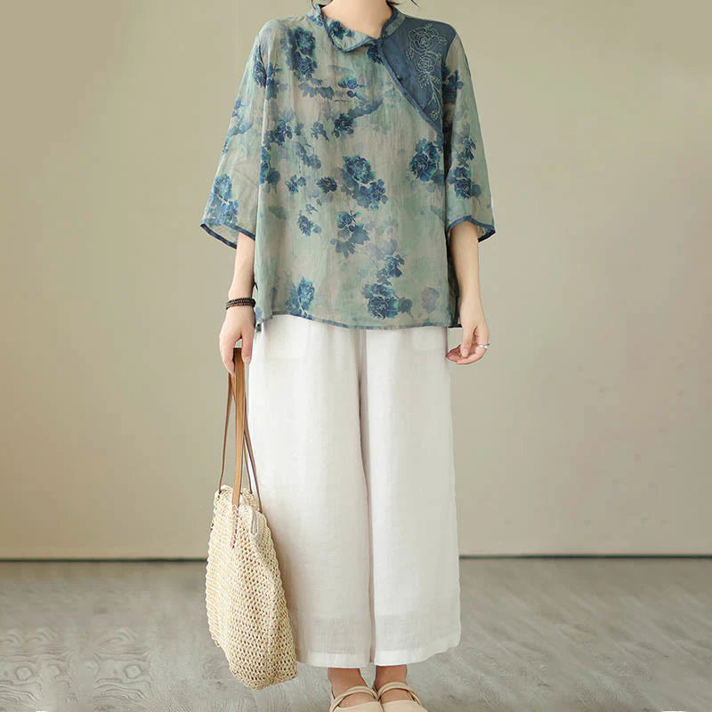 Buddha Stones PLUS SIZE Blue Jacaranda Flower Design Three Quarter Sleeve Ramie Linen Shirt