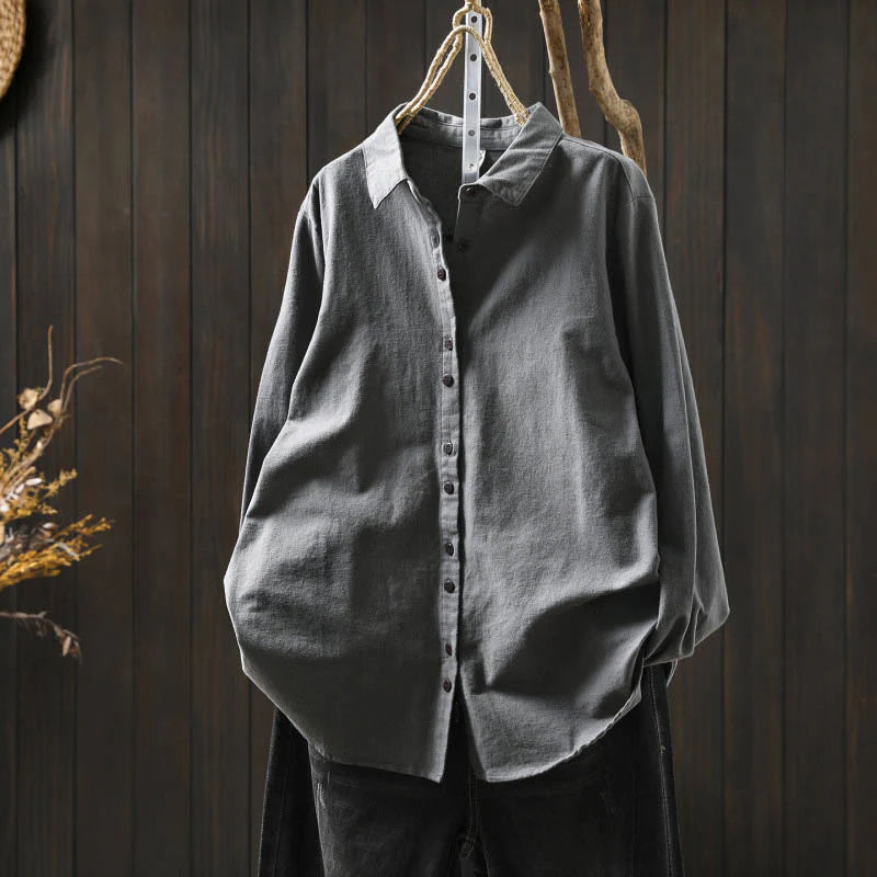 Buddha Stones Fall Solid Color Button Down Stand Collar Long Sleeve Women's Cotton Shirt