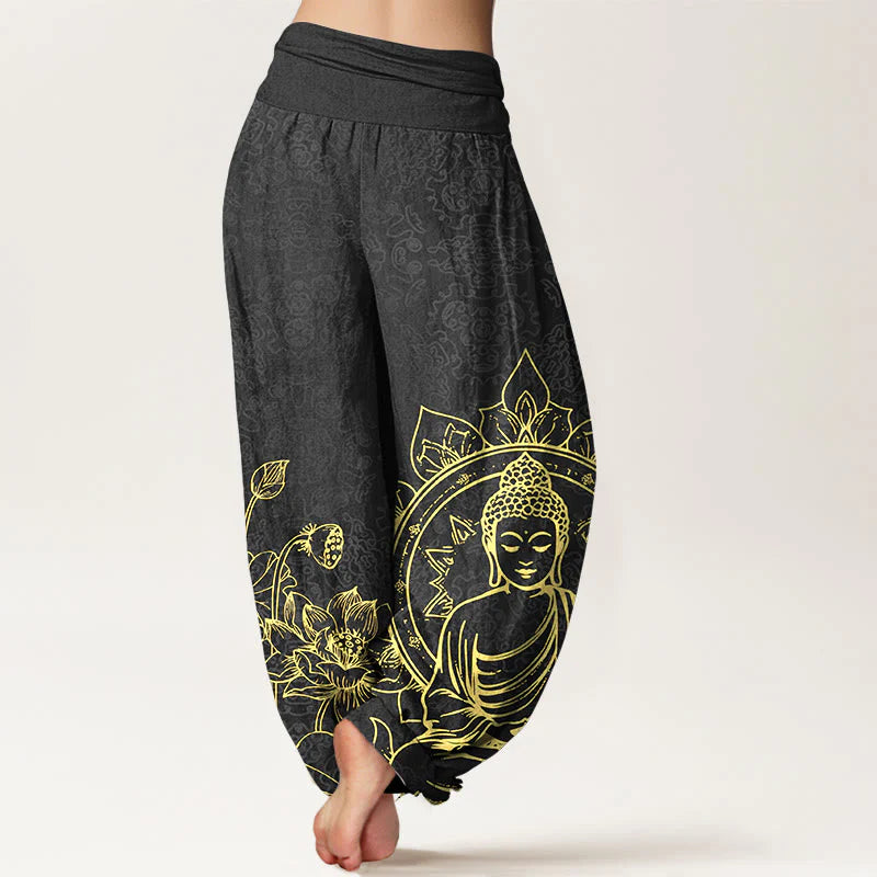 Buddha Stones Pure Cotton Classical Lotus Flower Seedpod Leaf Buddha Pattern Women's Elastic Waist Harem Pants