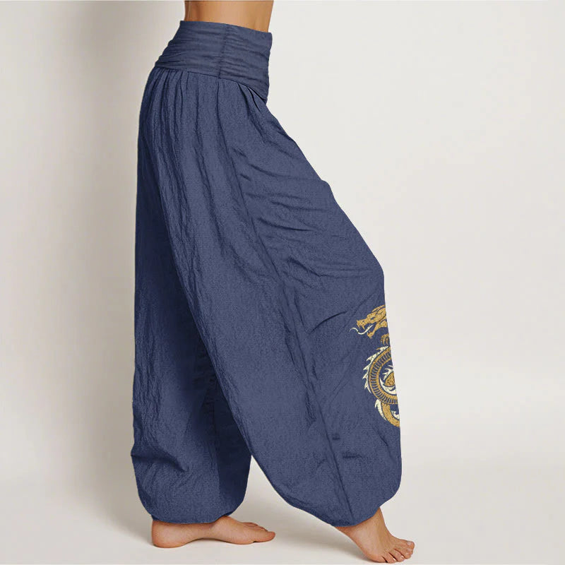 Buddha Stones Pure Cotton Dragon Pattern Women's Elastic Waist Harem Pants