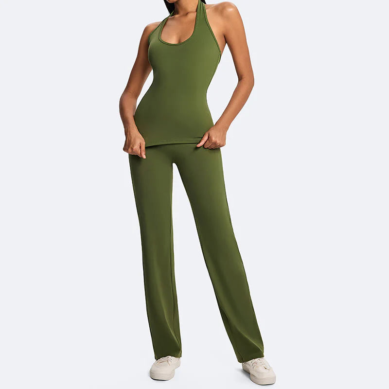 Buddha Stones Solid Crop Halter Backless Sleeveless Top Straight Leg Pants For Sports Fitness Yoga