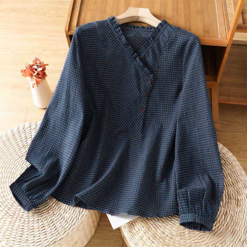 Buddha Stones Fall Blue Plaid V-Neck Buttons Design Women's Cotton Long Sleeve Shirt