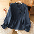 Buddha Stones Fall Blue Plaid V-Neck Buttons Design Women's Cotton Long Sleeve Shirt
