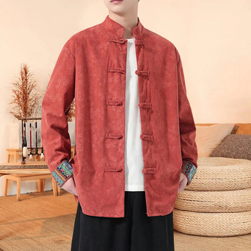 Buddha Stones Plain Plum Blossom Pattern Long Sleeve Men's Cotton Corduroy Tang Suit Jacket
