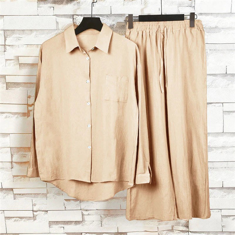Buddha Stones 2Pcs Long Sleeve Shirt Top With Pockets Drawstring Pants Meditation Cotton Clothing Women's Set