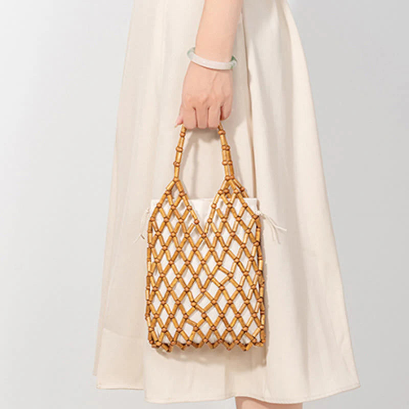Buddha Stones Hand-woven Mesh Hollow Wooden Beads Handbag