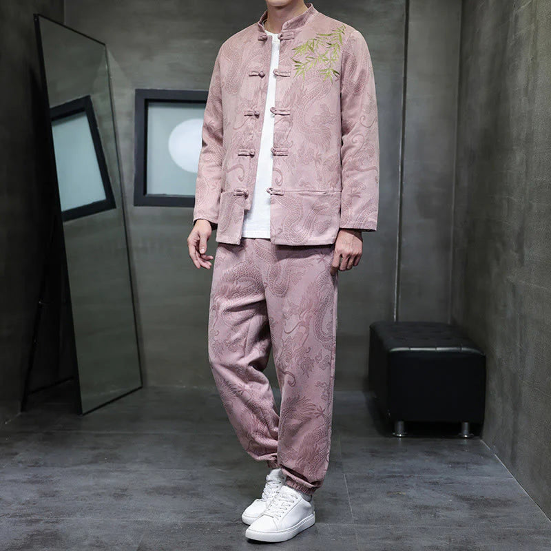 Buddha Stones 2Pcs Spring Dragon Bamboo Clouds Men's Tang Suit Frog-Button Cotton Long Sleeve Jacket Pants Set With Pockets