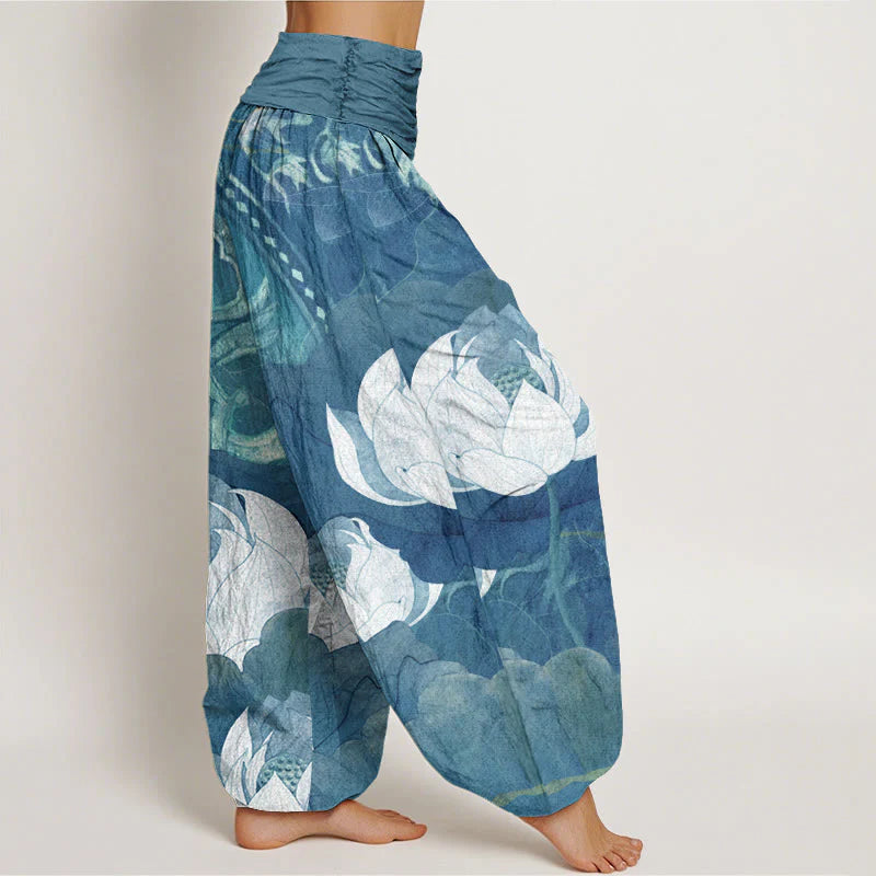 Buddha Stones Cotton White Lotus Leaves Pattern Casual Women's Elastic Waist Harem Pants